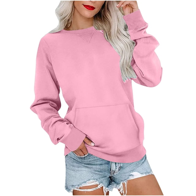 VEKDONE Chandails en Molleton Raglan à Manches Longues pour Femmes Mode Couleur Unie Blouse Basique Décontractée Coupe Ample Col Rond Rose S