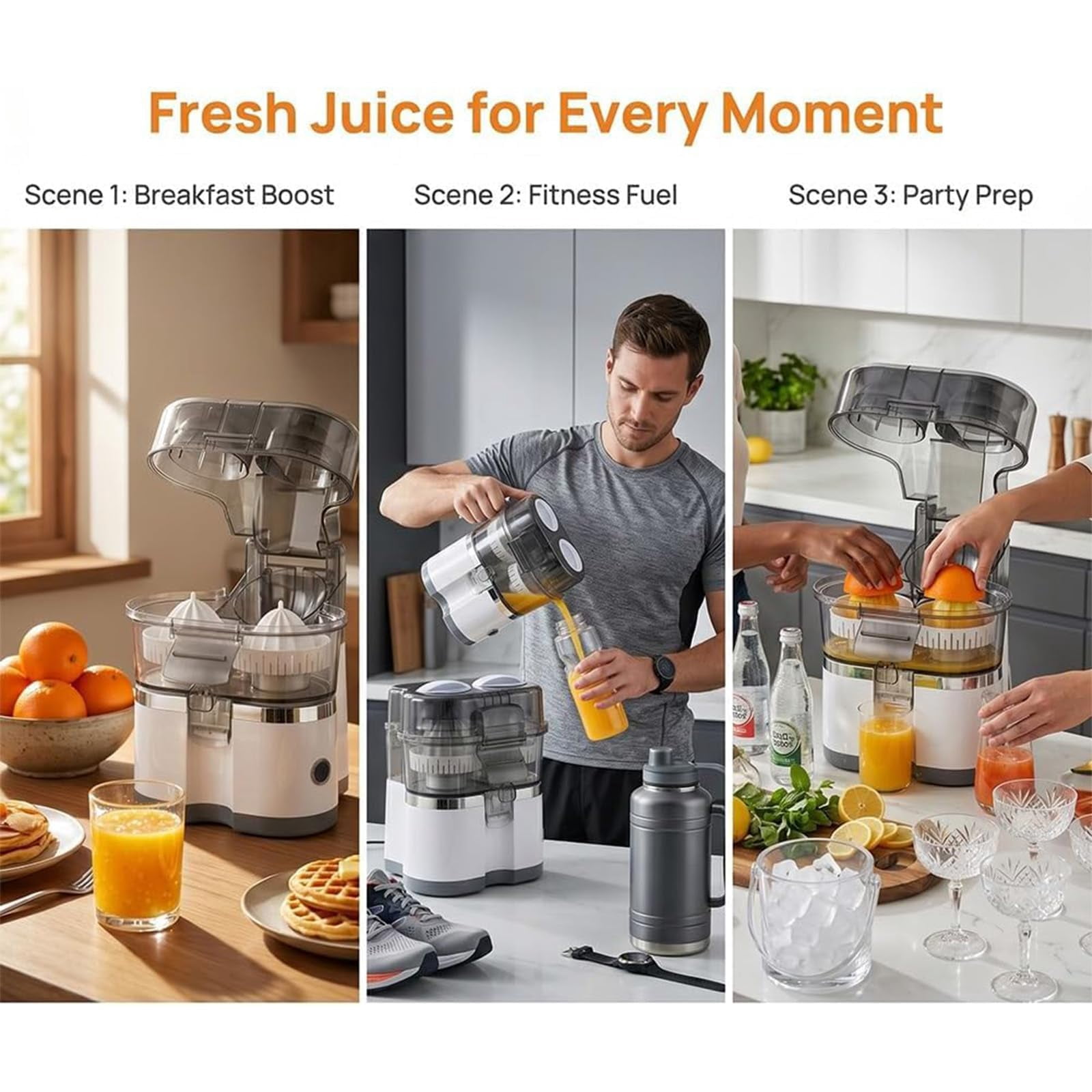 Dual-Head Automatic Citrus Juicer, 18000RPM Electric Lemon Squeezer, Electric Orange Juicer Machine with Built-in Cutter and Cleaning Brush, 1-Button Orange Lemon Lime Squeezer for Kitchen
