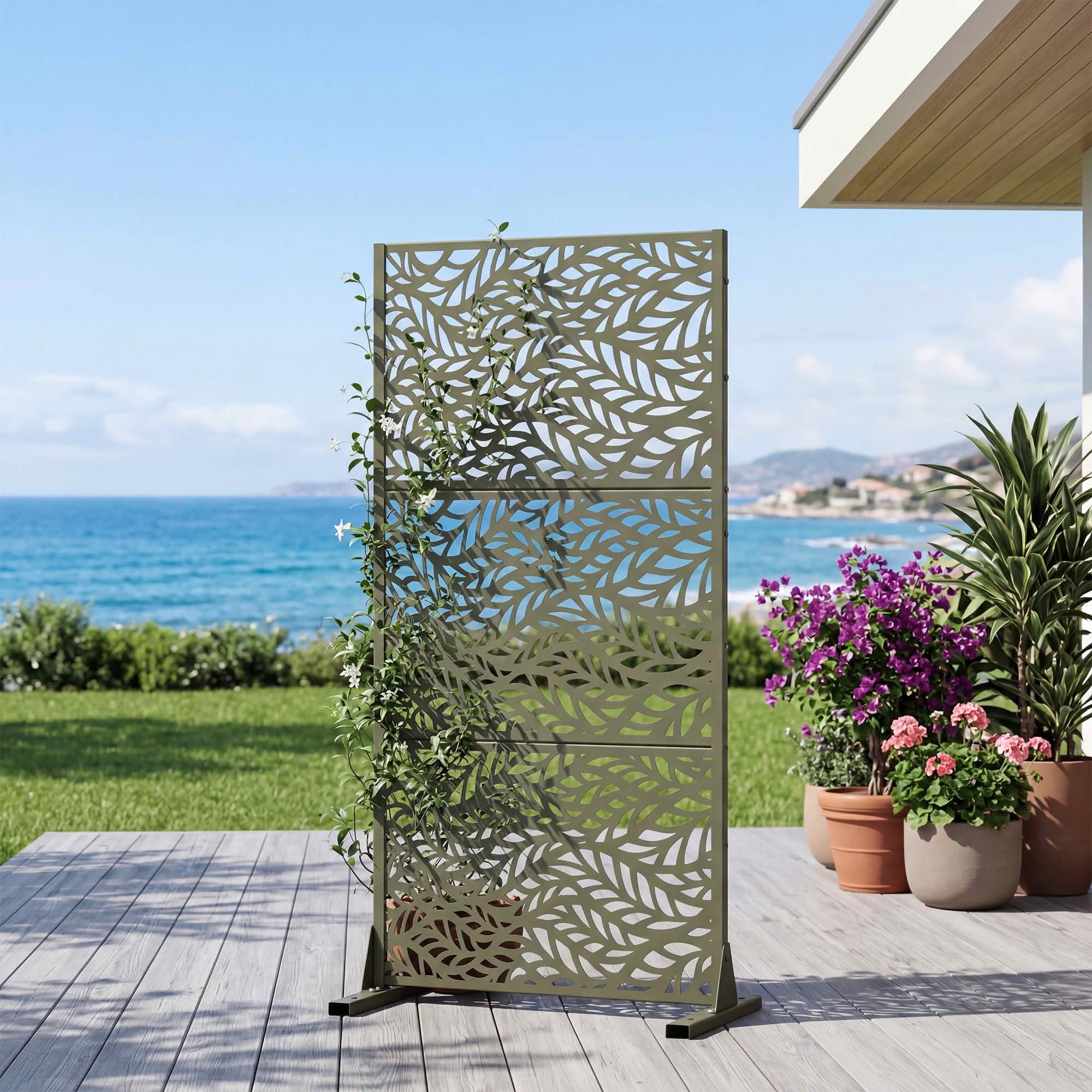 MAYEERTY Olive Grey Rectangular Galvanized Metal Privacy Screen, Outdoor Garden Patio, 59×30×16in, 3 Panels