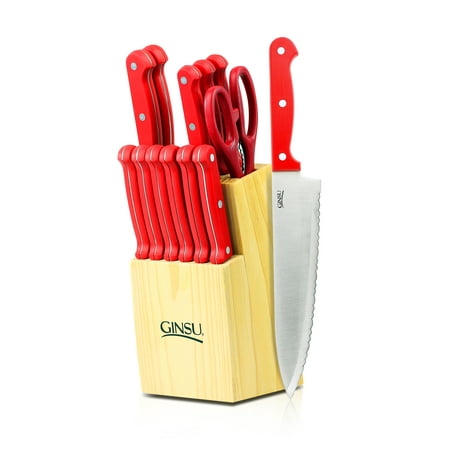 Ginsu Essential Series 14-Piece Stainless Steel Serrated Knife Set - Cutlery Set with Red Kitchen Knives in a Natural Block, (Best Kitchen Knives Under 50)