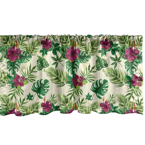 Ambesonne Palm Window Valance, Exotic Foliage and Hibiscus, 54" X 12", Ivory Multicolor