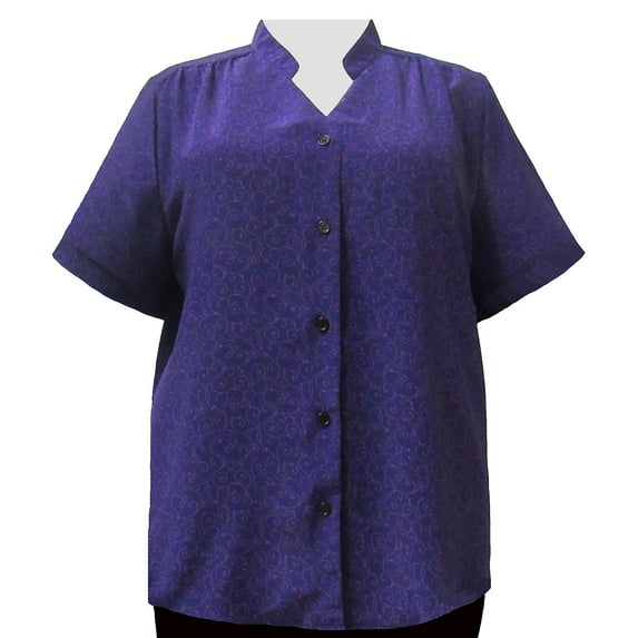 Women's Plus Size Short Sleeve Mandarin Collar V-Neck Button-Up Blouse with Shirring - Tila Purple - 6X