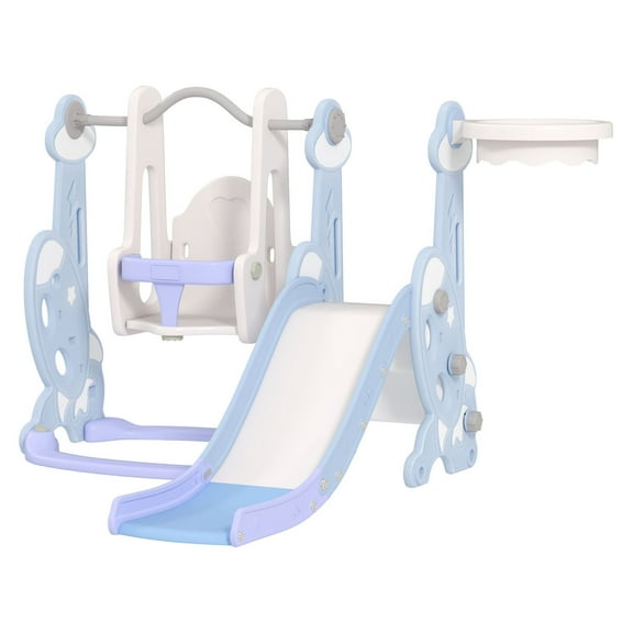 Toddler Swing Set 4-in-1, Indoor Playground with Slide, Climber & Basketball Hoop - Light Blue - Ages 1.5-4 Years