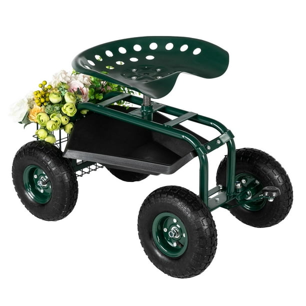 Garden Cart Rolling Scooter with Extendable Steer Handle, Swivel Seat