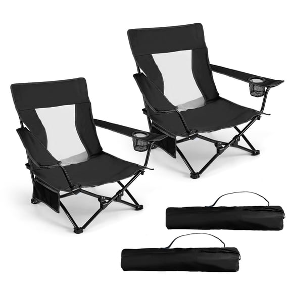 Walchoice Folding Beach Chair for Adults, Low Seat Camping Chair with High Back, Wide Seat Chair with Cup Holder & Carry Bag, Heavy Duty Portable Chair for Outdoor Picnic Travel (2 Pack of Black)