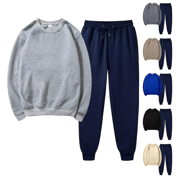 2 Piece Outfits For Women Sweatshirts Sets Long Sleeves Casual Solid Round Neck Pullover Sports Fall Gray Jogger Sweat Pants Set S-3XL