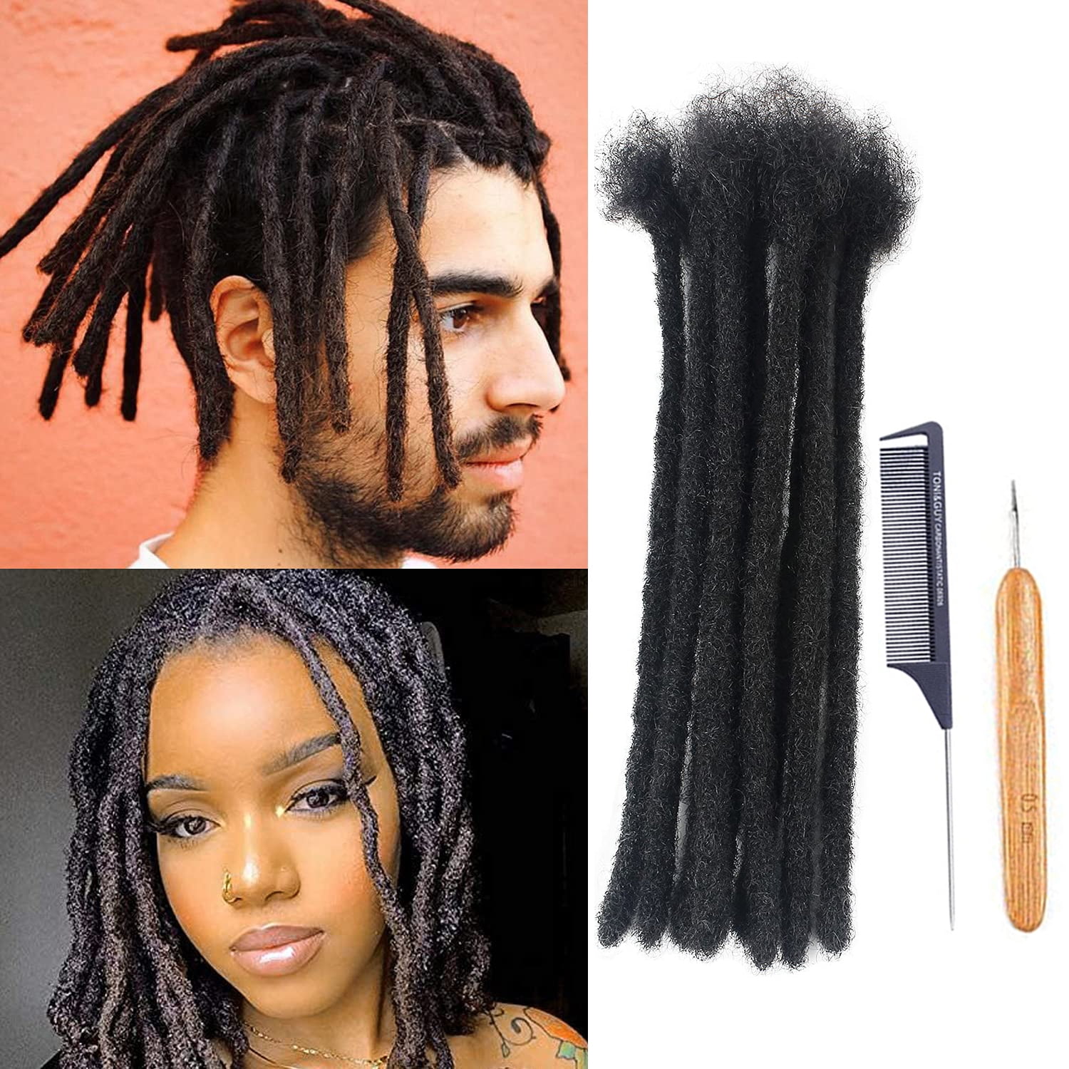 Loc Extensions Human Hair 30 strands, 8 Inch  Width Human Hair  Dreadlock Extensions for Men/Women Full Handmade Permanent Dread Extensions  Can Be Dyed and Bleached(,8 inch,1B) 