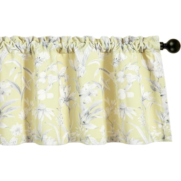 Light Yellow Valance for Blinds, Floral Printed Velvet Small Window Drape for Living Room, W 52 x L 18 Inches Rod Pocket Window Treatment for Laundry Room, 1 Panel