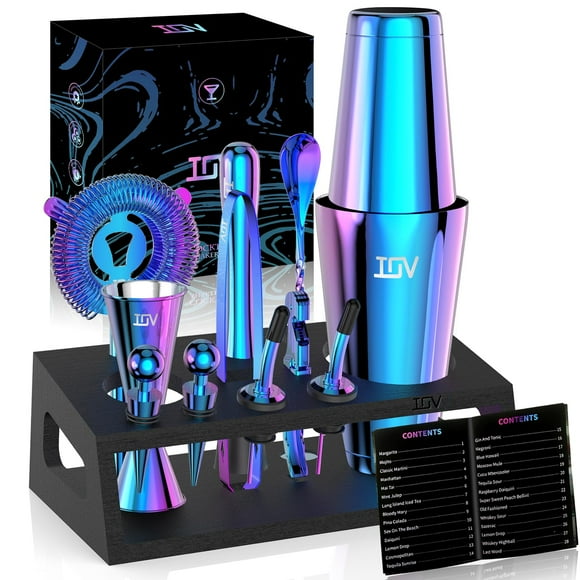 IOV Cocktail Shaker Set: 12-Piece Mixology Bartender Kit Bar Set | 18oz & 28oz Boston Shaker Drink Mixing Tools for Home with Recipe Booklet and Stand | Fun Housewarming Gift