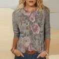 thumbnail image 3 of HongQid Womens Casual 3/4 Sleeve T-Shirt Round Neck Cute Tops Loose Fit Basic Tees Blouses Vintage Floral Print Blouse Soft Lightweight Shirts Loose Hem Fashion Top For Spring Summer Outfits, 3 of 6