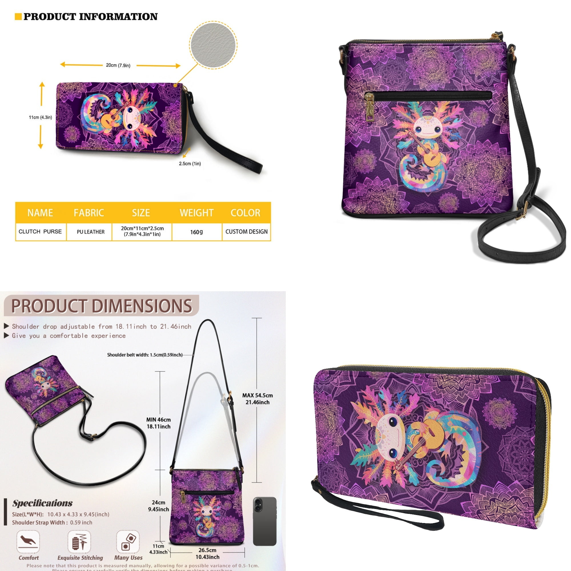 ZUXONGSY Boho Mandala Axolotl Guitar Print sPU Leather Crossbody Bag & Wallet Set for Women, Spacious Satchel Hobo Purse with Adjustable Strap for Travel, Work & Casual Outings
