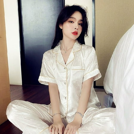 

DanceeMangoo 2 Pieces Faux Silk Satin Pajamas Set Summer Autumn Women Sleepwear Short Sleeve Nightwear Comfortable Skin-friendly Sleepsuits