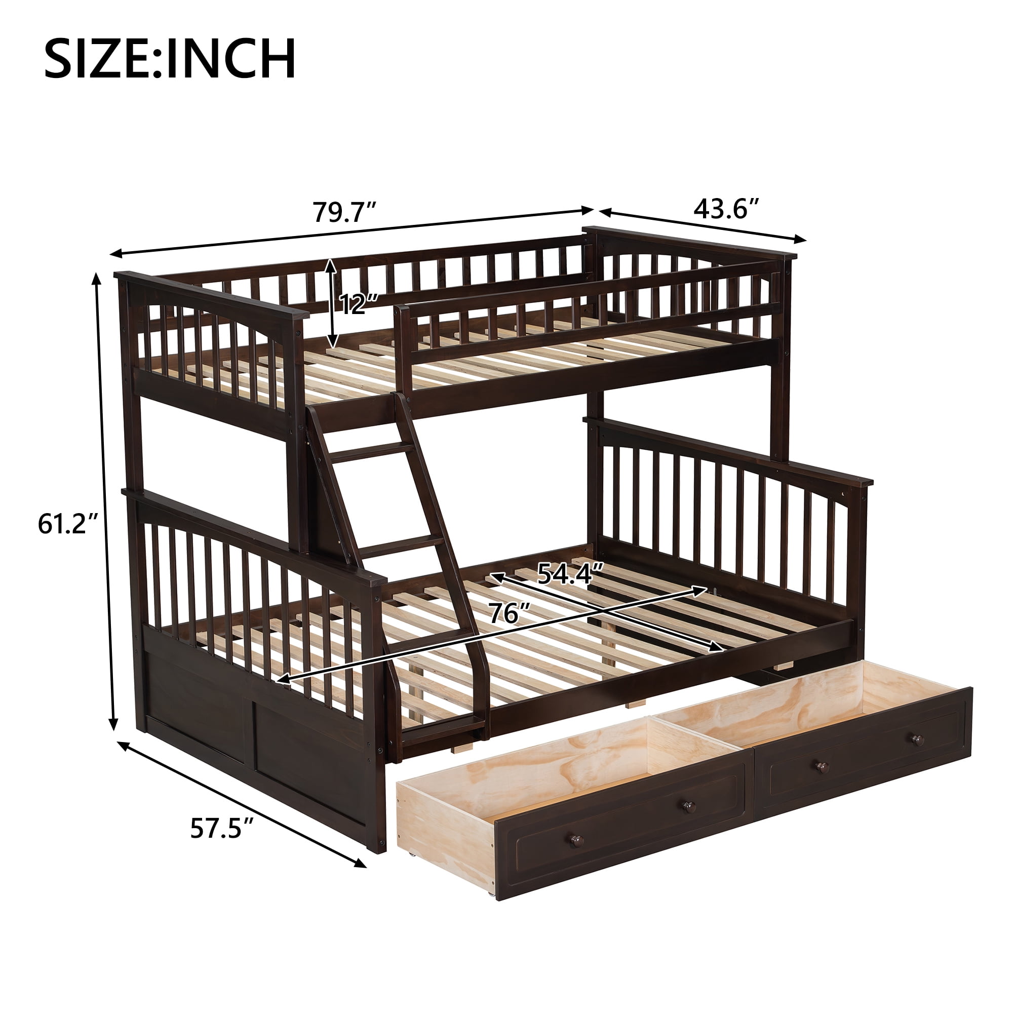 Euroco Wood Twin over Full Bunk Bed with Drawers, Convertible Two Beds in One, Espresso