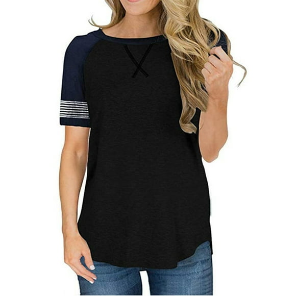 Women's Short Sleeve T Shirts Striped Blouse Color Block Casual Tops