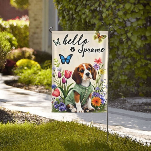 Spring Summer Flower Garden Flag Hello Spring Beagle Dag Colorful Flower Butterfly 12X18 Inch Double Sided For Outside Welcome Small Yard Holiday Decoration