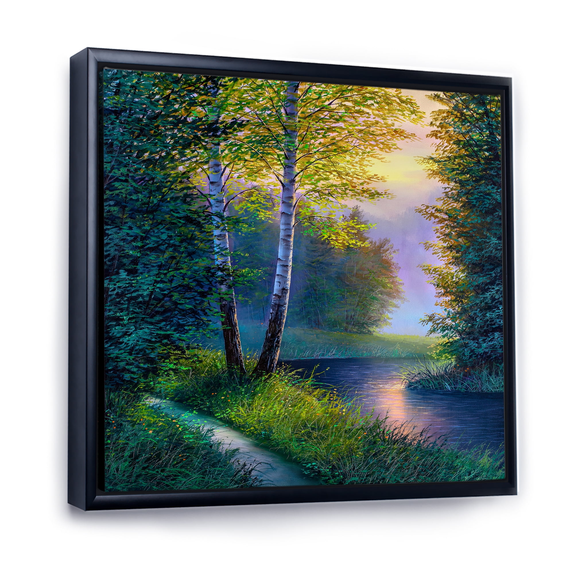 Designart 'Sunrise Glow Through The Birch Forest' Lake House Framed Canvas Wall Art Print