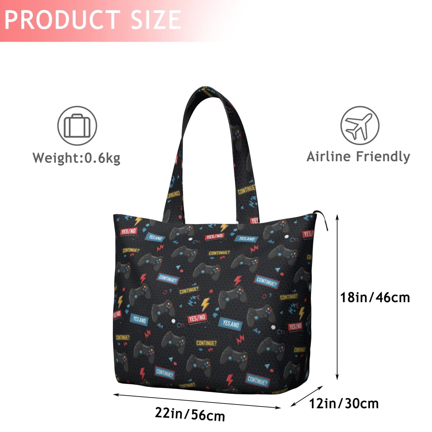 Black Controllers Games Labels Black Pattern Travel Tote Bags for Women Carry On,Large Weekender Bags for Women Travel,Multi Functional Duffle Bag for Work,Shopping,Sports
