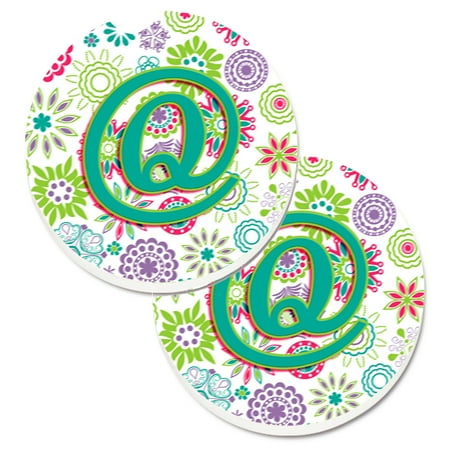 

Caroline s Treasures CJ2011-QCARC Letter Q Flowers Pink Teal Green Initial Set of 2 Cup Holder Car Coasters Large