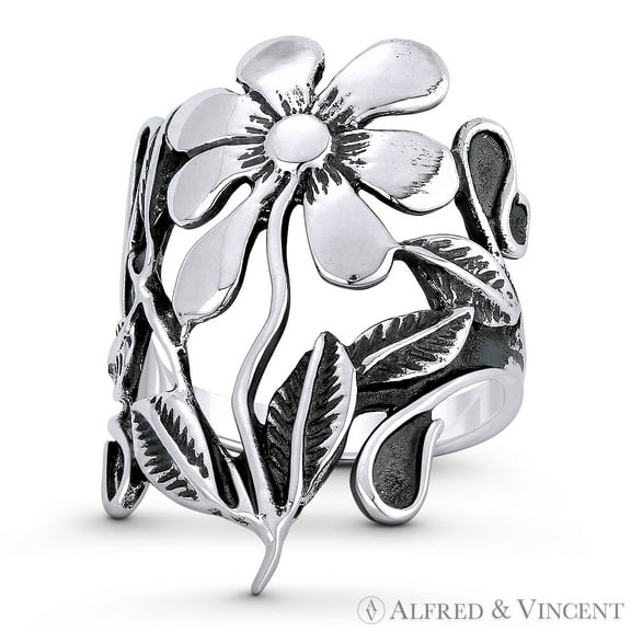 Daisy Flower, Vine, & Leaf Charm Wide Band / Right-Hand Statement Ring in Oxidized .925 Sterling Silver