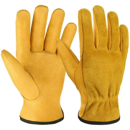 

Apuakthei Leather Work Gloves Flex Grip Cowhide Gardening Glove for Wood Cutting/Construction/Truck Driving/Garden/Yard Working for Men and Women 1 Pair (Gold X-Large)