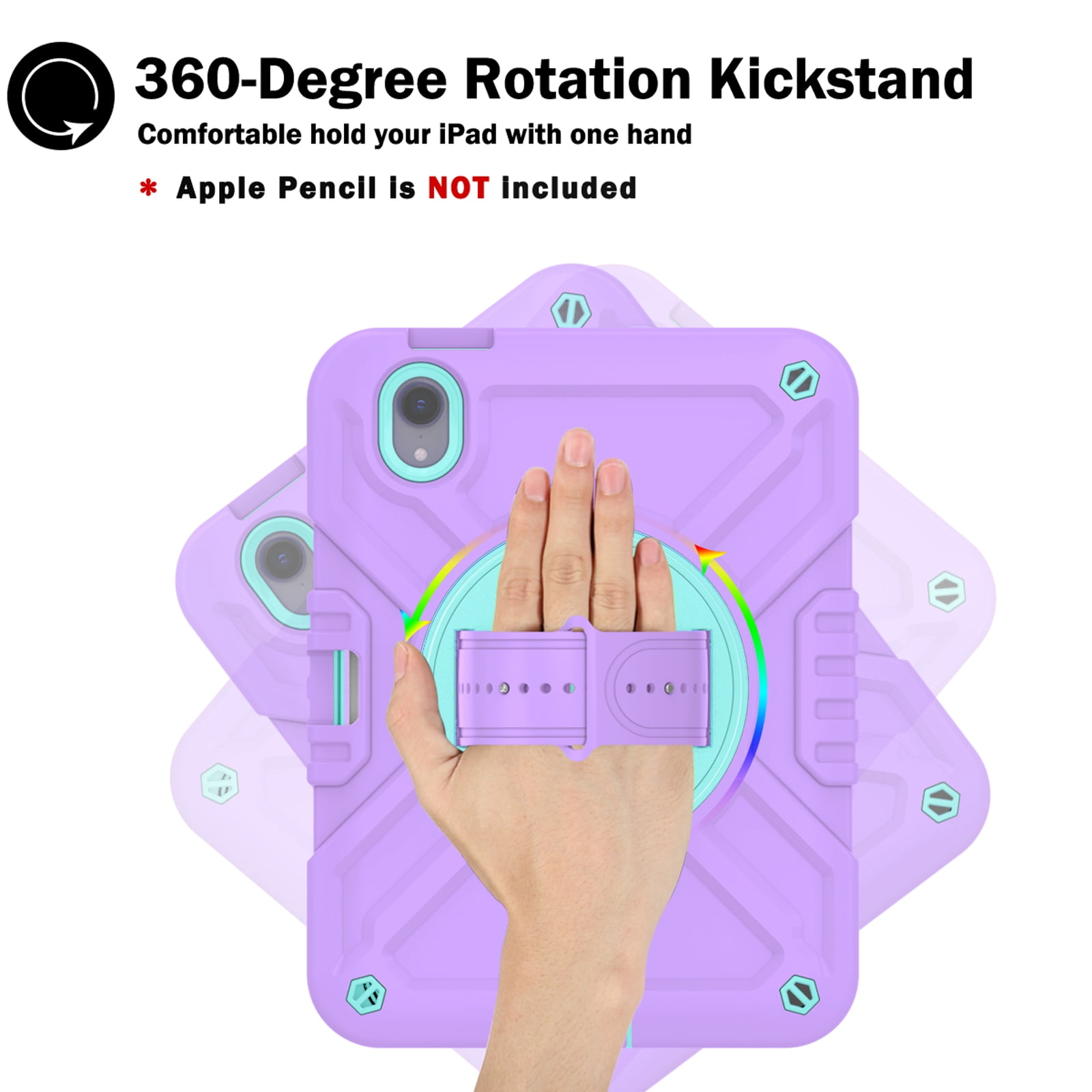 Dteck Case for iPad mini 7 (A17 Pro) 8.3 inch 2024/ iPad mini 6th Generation,Heavy Duty Rugged Drop Proof Shockproof Armor Case with Stand Pencil Holder Hand Strap Shoulder Strap,Purple+Green