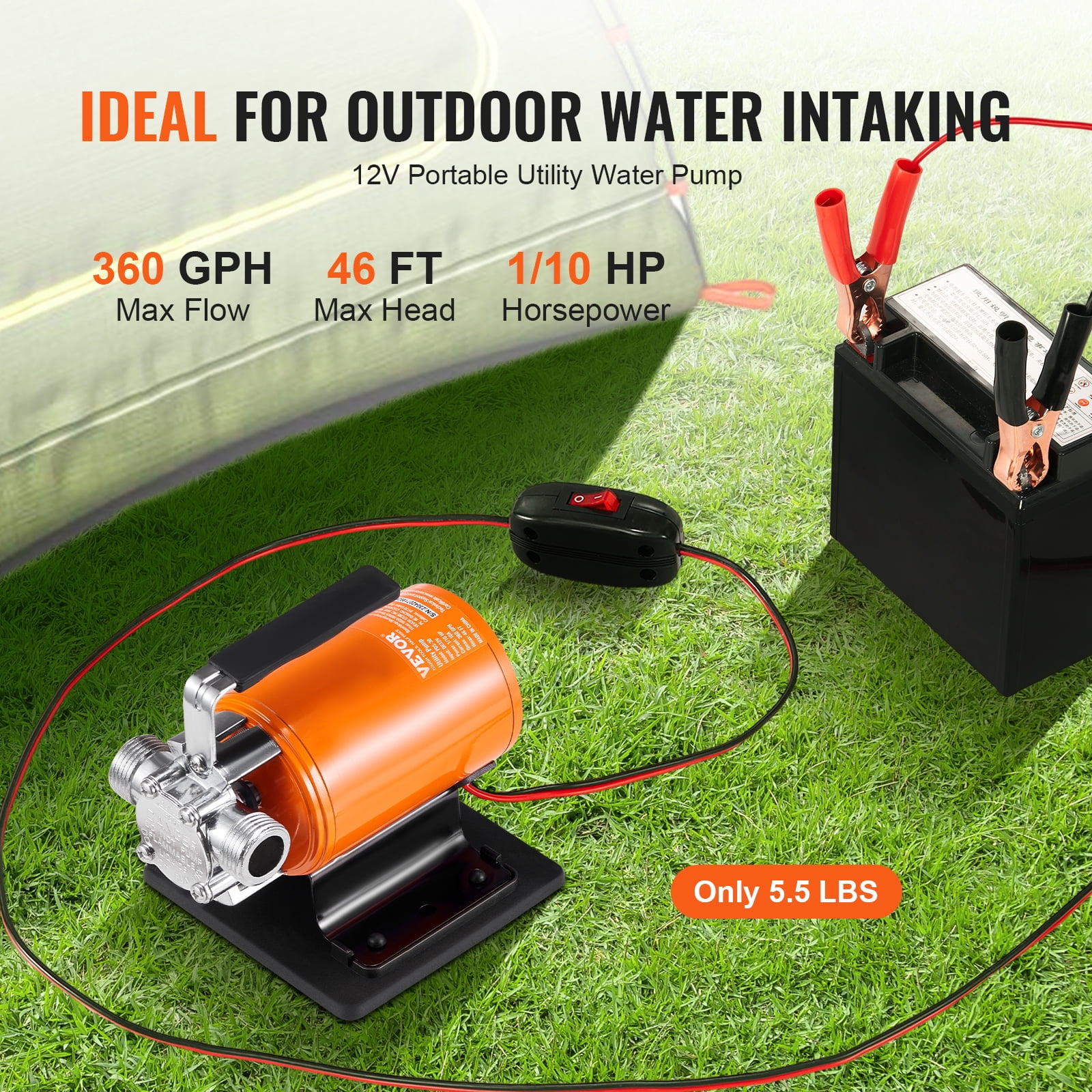 VEVOR Water Transfer Pump, 12V DC 360 GPH 1/10HP, Portable Electric Utility Pump with 6 ft Suction Hose Kit, Impeller, Suction Strainer, for Garden, Rain Barrel, Pool, Hot Tub, Aquarium Draining