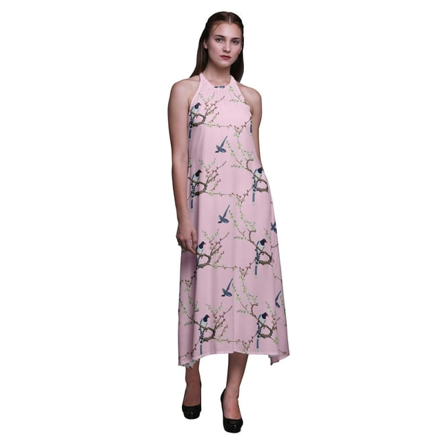 Bimba Bird Women Printed Backless Long Halter Neck Beachwear RayonDress-Medium