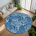 thumbnail image 3 of 8ft Round Rug, Navy Blue Coral Coastal Non-Skid Rubber Backing Large Area Rugs - Living Room Bedroom Home Office, Ocean Nautical Seaside Beach Indoor Floor Mat Carpets Washable Rug, 3 of 9