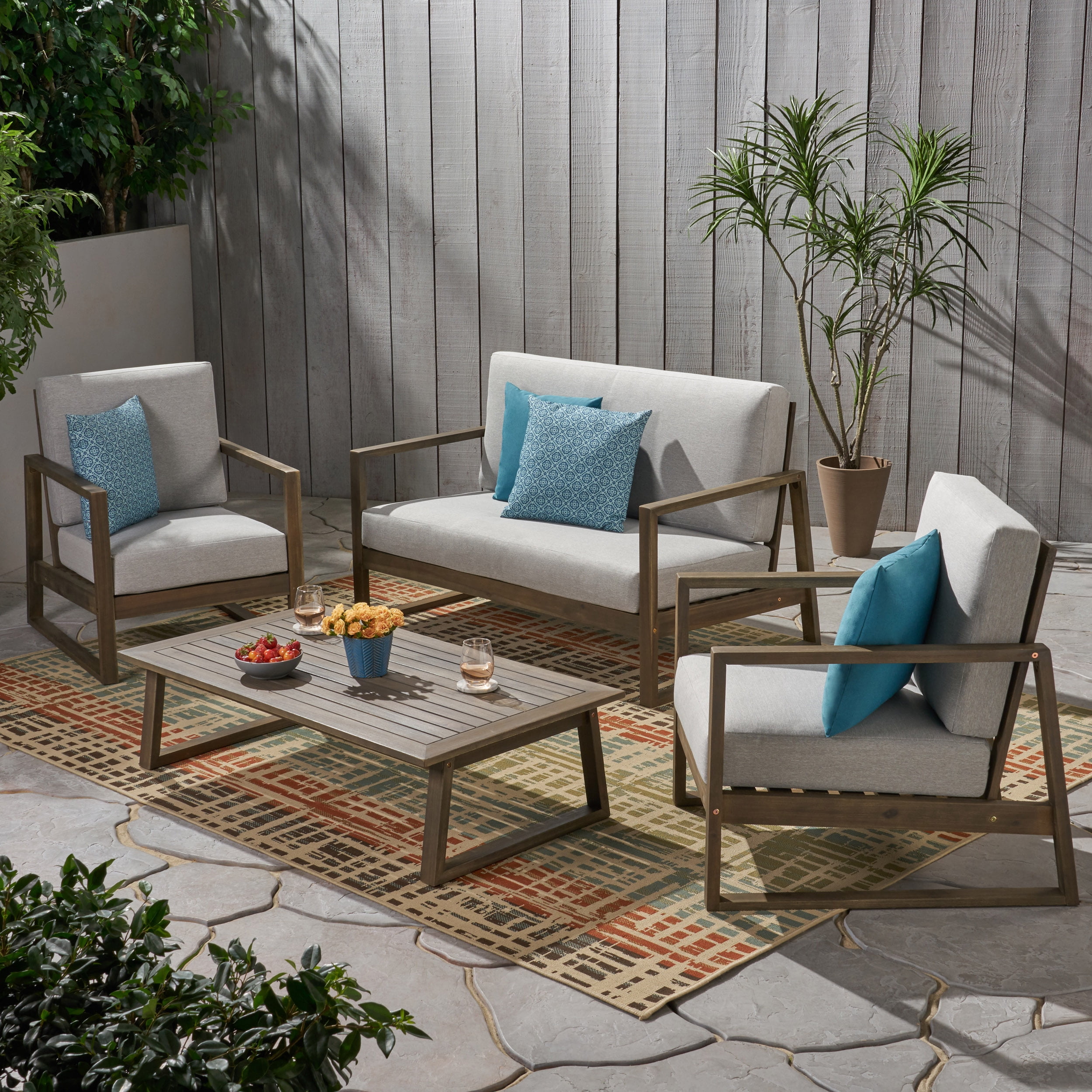 Muad Outdoor Acacia Wood 4 Seater Chat Set with Coffee Table, Gray and Light Gray