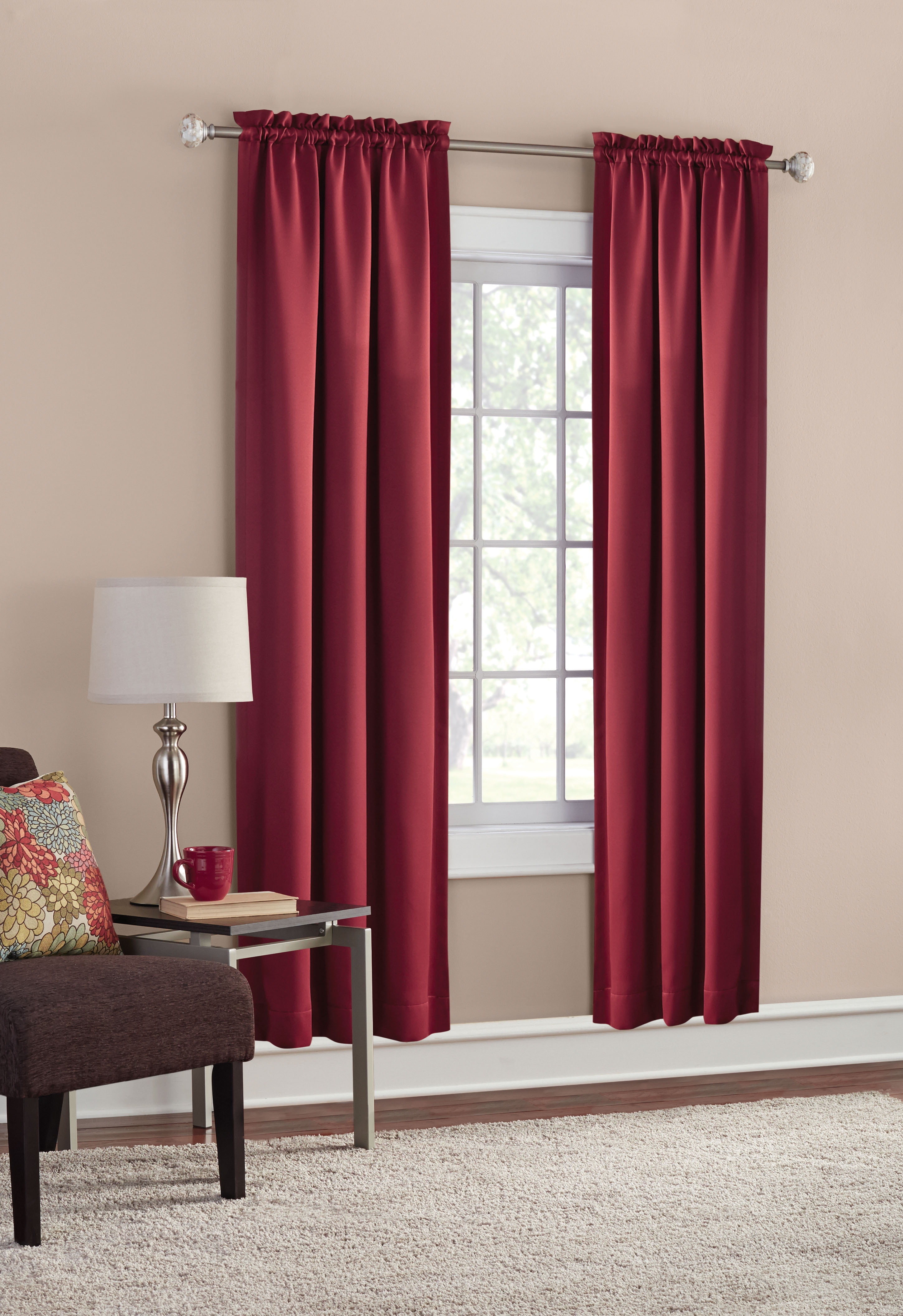 Mainstays Solid Color Room Darkening Rod Pocket Curtain Panel Pair, Set of 2, Red, 30 x 84