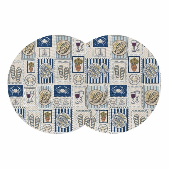 Summer Ocean Round 13 Inch Placemats Set of 2, Nautical Coastal Fish Food Wine Crab Retro HeatResistant Non Slip Place Mats for Dining Table, Wipeable Braided Kitchen Table Mats for Housewarming