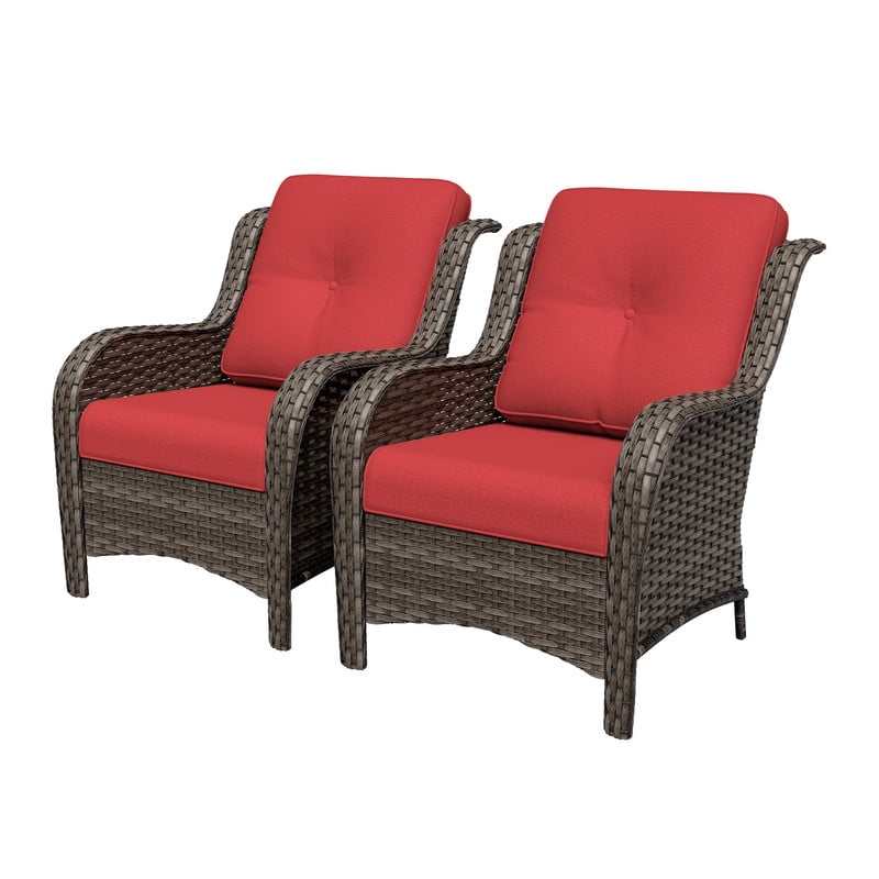 Meetleisure Patio Chairs Set of 2, Wicker Outdoor Furniture with High Back, Deep Seating, Wide Armrest, Thick Cushions, Rattan Chairs for Deck Porch, Red