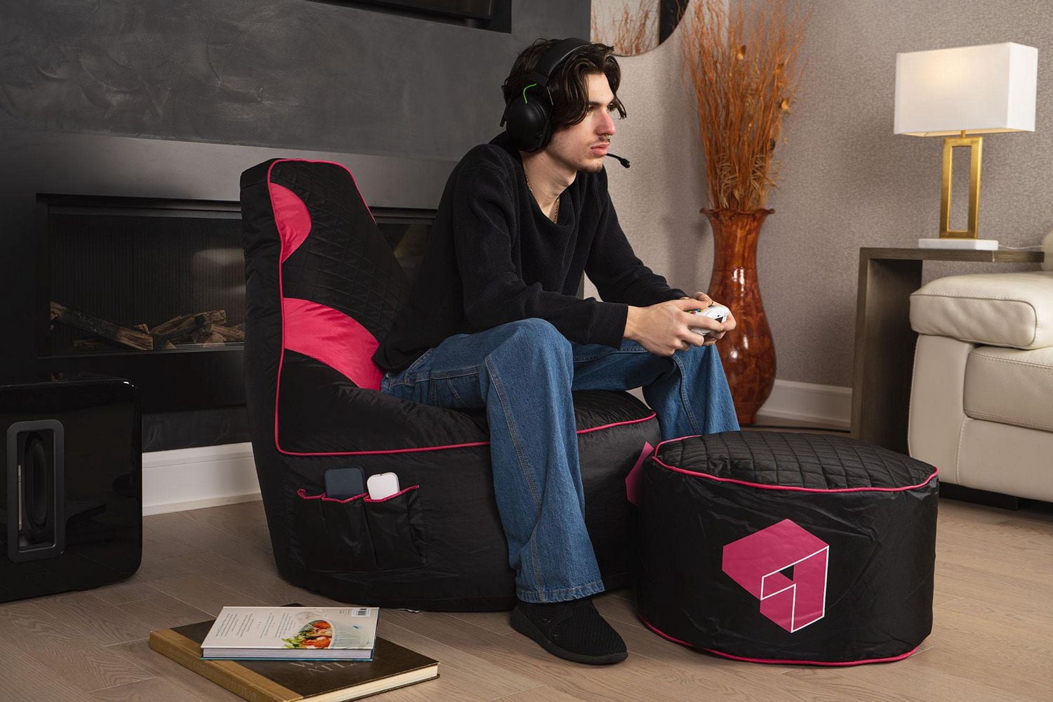 Siteazee Indoor Pink Pouf – Waterproof Oxford Fabric Bean Bag Seat with Quilted Top for Living Room or Game Rooms