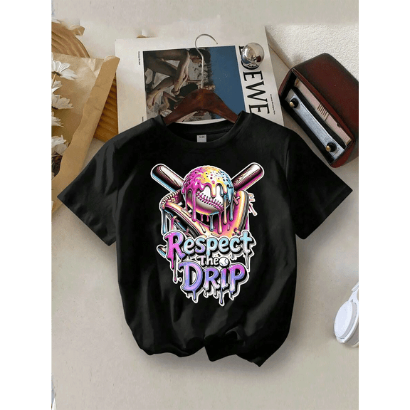 children’s wear Respect The Drip Baseball Graphic T-Shirt for Kids Boys Girls, Colorful Sports Theme Short Sleeve Casual Summer Cotton Tee
