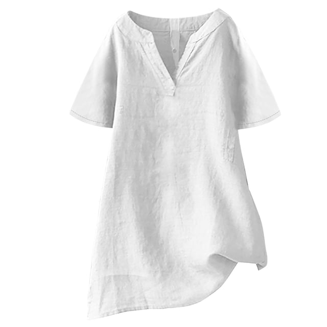 Olyvenn Linen Shirts for Women 2025 Spring Summer Button Down V Neck Short Sleeve Solid Color Tops Beach Fashion Clothes White S