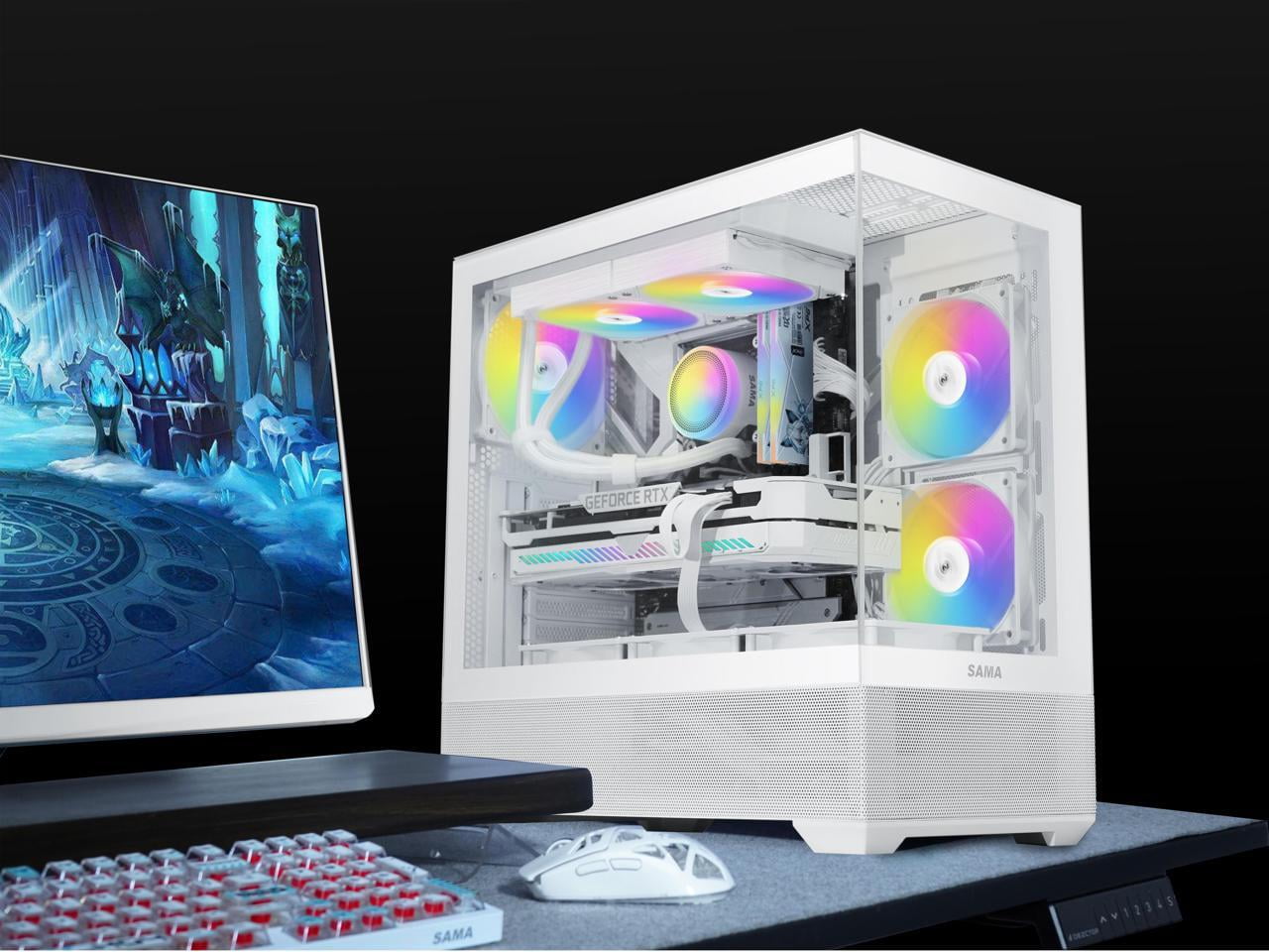 SAMA V40 White ATX Mid Tower PC Case, 6 Pre-Installed 120mm ARGB PWM Fans, Dual Tempered Glass Panels, Vertical Airflow Design, Gaming Computer Case for ATX/Micro-ATX/ITX Motherboard