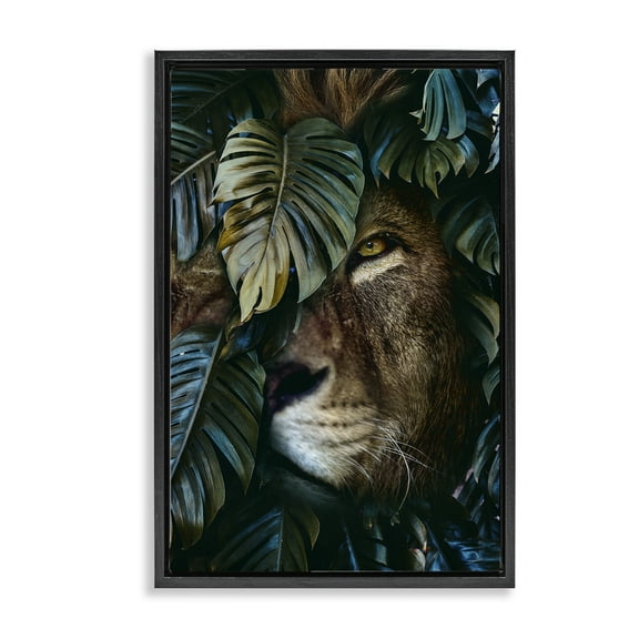 Stupell Industries Lion Peering Monstera Leaves Plants & Flowers Painting Black Floater Framed Canvas Art Print Wall Art, 17 x 25