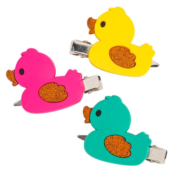 2" x 1 3/4" Yellow, Green & Pink Lucky Duck Rubber Hair Clips - 12 Pieces