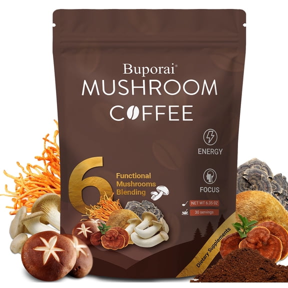 Mushroom Coffee - with Lions Mane, Reishi, Cordyceps and Turkey Tail - Immune Boosting Coffee for Focus & Gut Health Support - 30 Servings