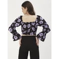 thumbnail image 3 of DressBerry Women's Printed Viscose Rayon Square Neck Ruffled Border Cropped Blouse Long Balloon Sleeves Casual&nbsp;Summer Wear Above Waist Length Regular Short Top, 3 of 7