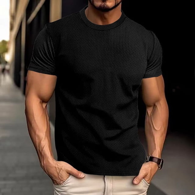 pstuiky camisetas de hombre, Camiseta deportiva informal elástica de manga corta con cuello redondo para hombre, color liso camisetas de hombre l