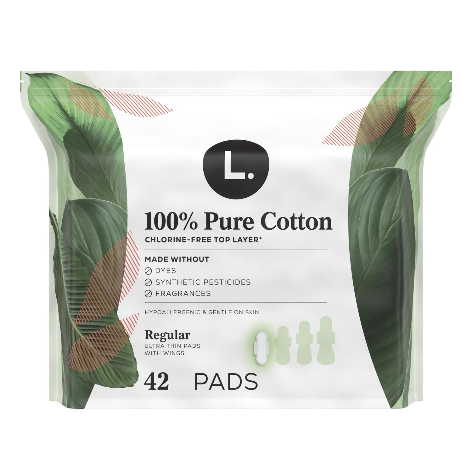 Serviettes L. ultraminces pour femmes, avec ailes, degré d’absorption régulier, voile supérieur en coton pur à 100 %, non parfumées, 42 U 42CT