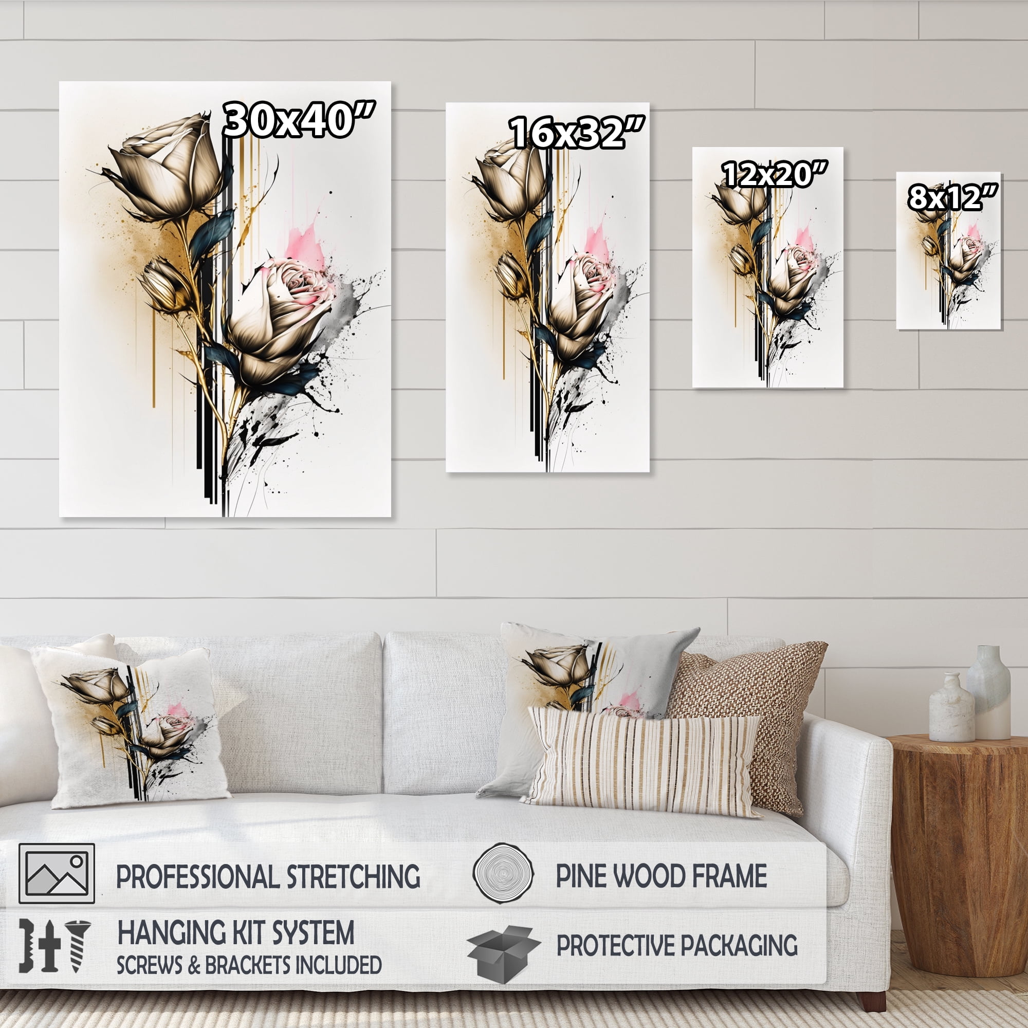 Designart Roses Flow Flower On Golden Beige Paint IV Canvas Wall Art