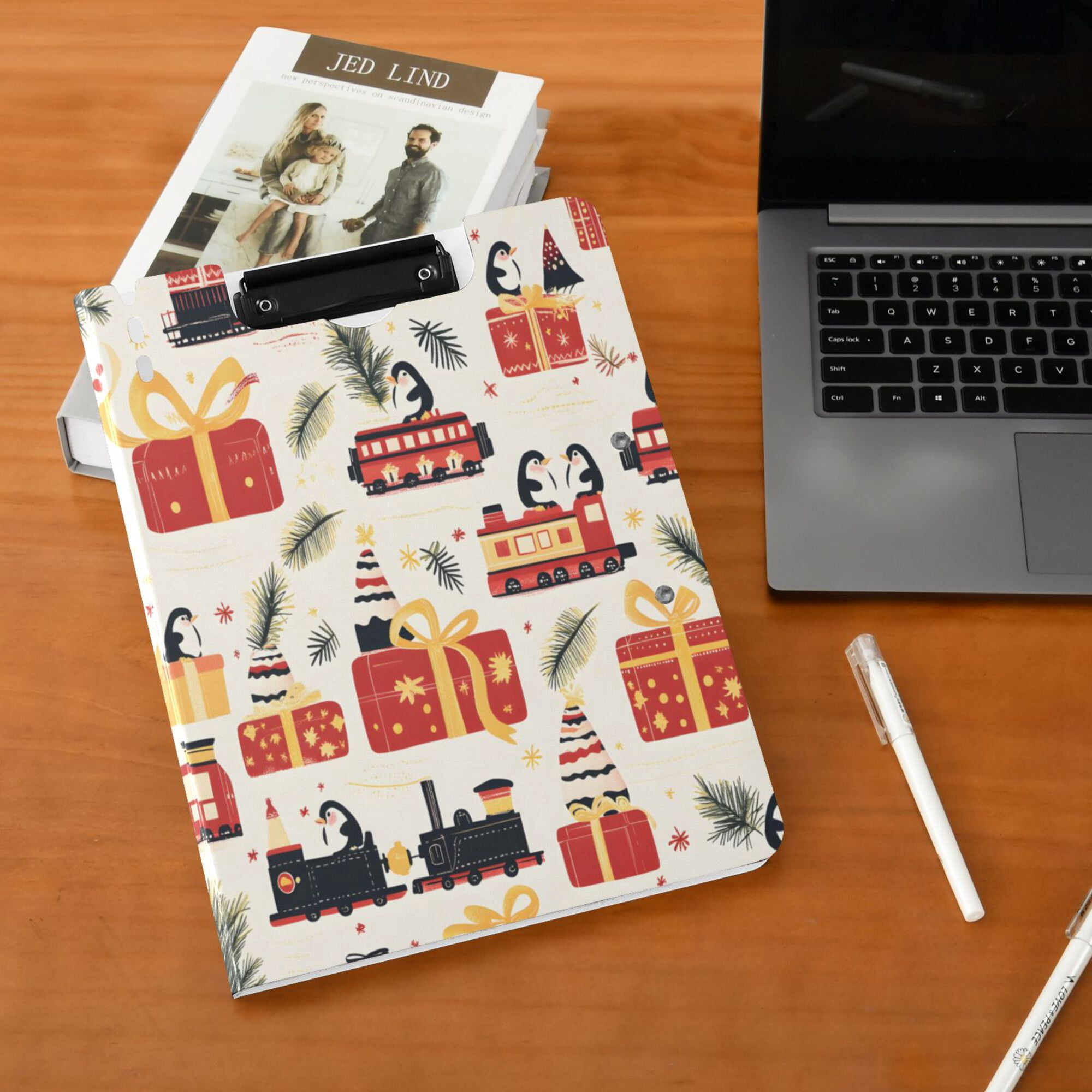 FORMRS A4 Clipboard Folder with Pen Holder Horizontal Foldable School Office Binder, Christmas Gift Train
