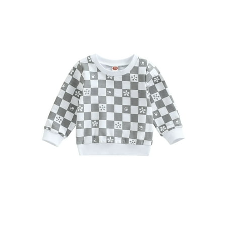 

CenturyX 0-3Y Baby Girl Boy Sweatshirts Top Floral Checkerboard Pattern Round Neck Long Sleeves Loose Hoodie Pullover Tops Grey 18-24 Months