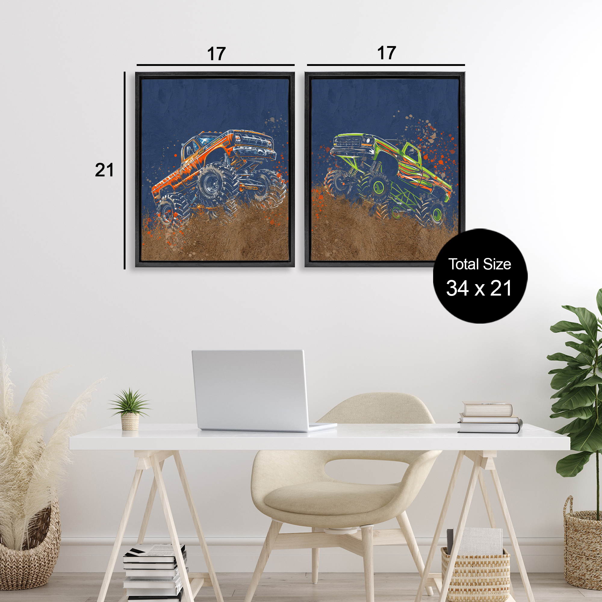 Monster Truck Jam 2 Piece Black Framed Floater Canvas Set, design by Kim Allen