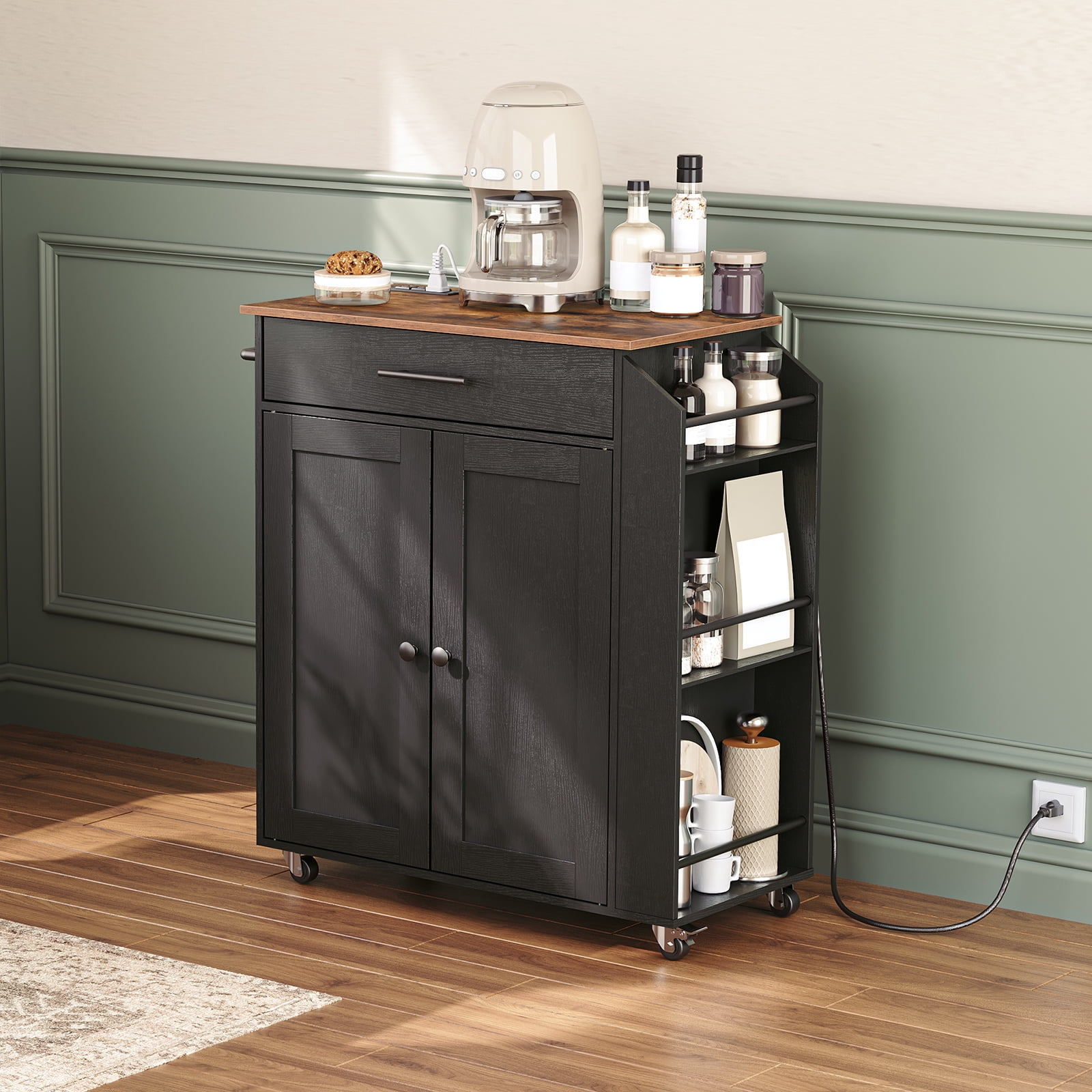 HOOBRO Kitchen Island with Power Outlet, Storage Island with Spice Rack and Drawer, Rolling Kitchen Cart on Wheels, for Home, Dining Room, Rustic Brown and Black BF82UZD01G1