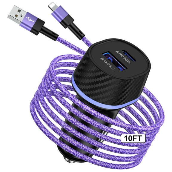Type C Car Charger,Zacenei iPhone Car Charger Adapter w/ iPhone Charger Cable 10ft 48W PD&QC Fast Dual USB Car Charger Compatible for iPhone Fast Charging Cable Cords 10ft Cigarette Lighter Socket