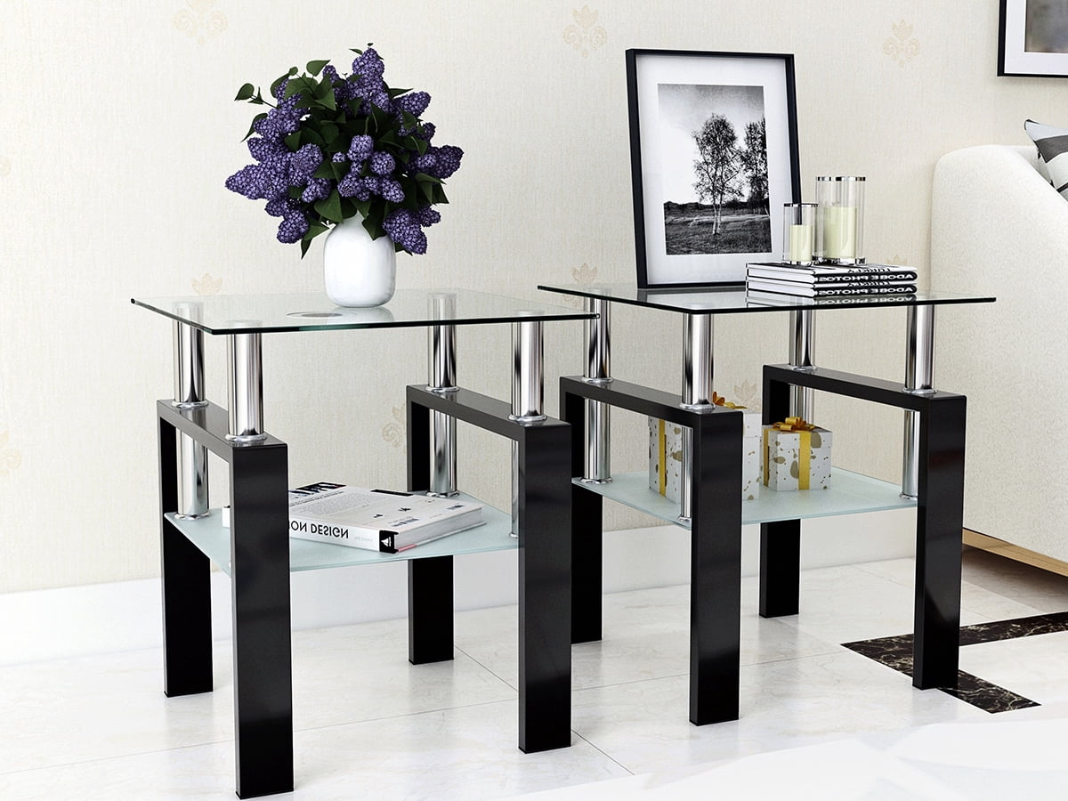 Rectangle Glass Coffee Table for Living Room, Center Table, Sofa Table, with Black Metal Legs, Clear Tempered Glass Top (Black, Coffee Table)