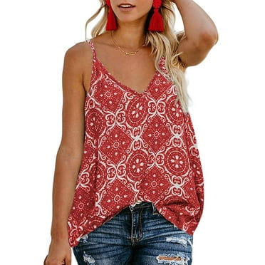 Women's Boho Floral V Neck Spaghetti Straps Tank Top Summer Sleeveless Shirts Blouse